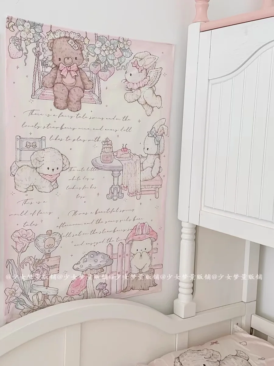 Kawaii Anime Bear Tapestry Wall Hanging Pink Cute Cartoon Style Psychedelic Hippie Background Home Decor