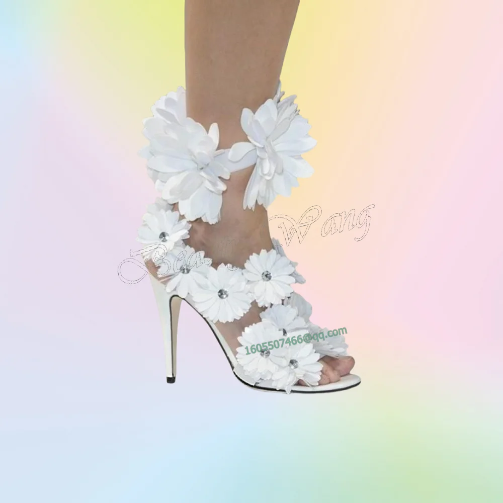 

White Pure Flower Decor Sandals Hollow Heels Round Toe High Shoes Thin High Heel Shoes for Women 2025 Zapatos Para Mujere