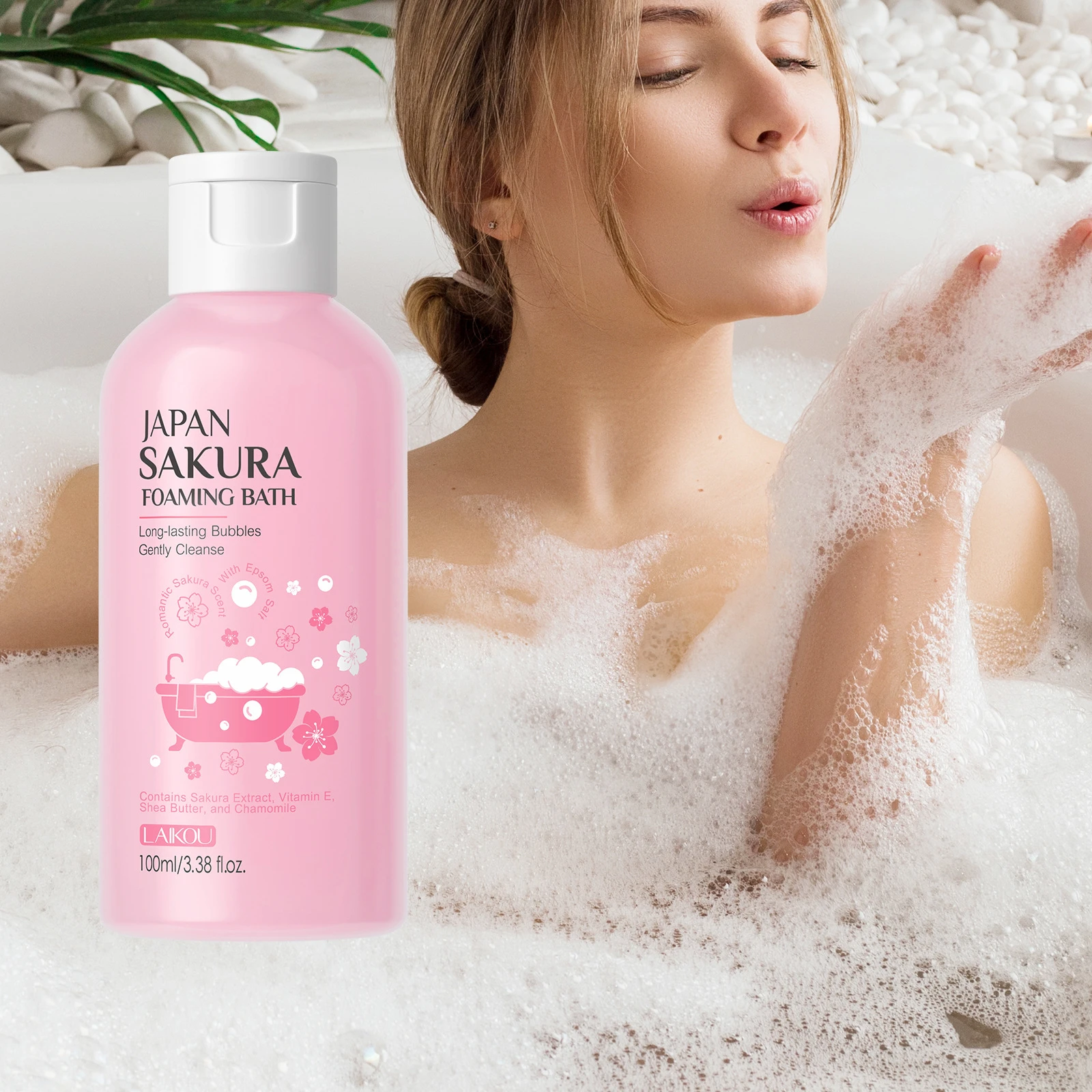 LAIKOU Sakura Bubble Bath, Moisturizing Hydrating Bath Foam for Dry Skin, Long Lasting Floral Scent Body Care 100ml