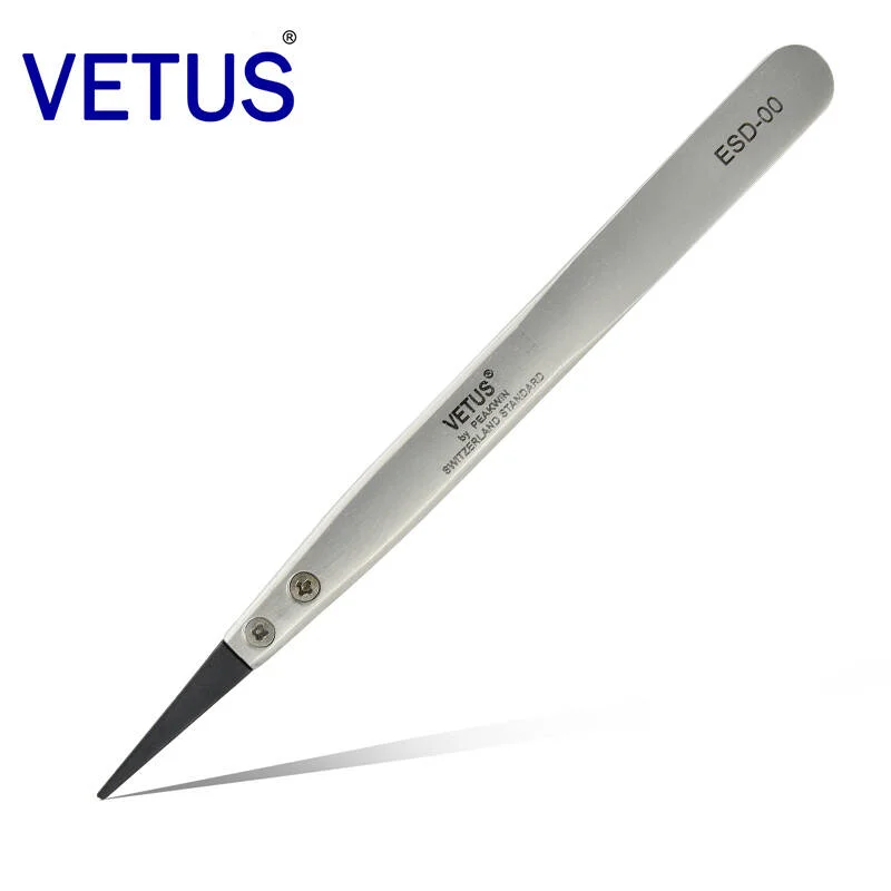 VETUS ESD 00 Replaceable Head Anti Static Tweezers Stainless Steel Anti Static Carbon Fiber Conductive Plastic Tweezers