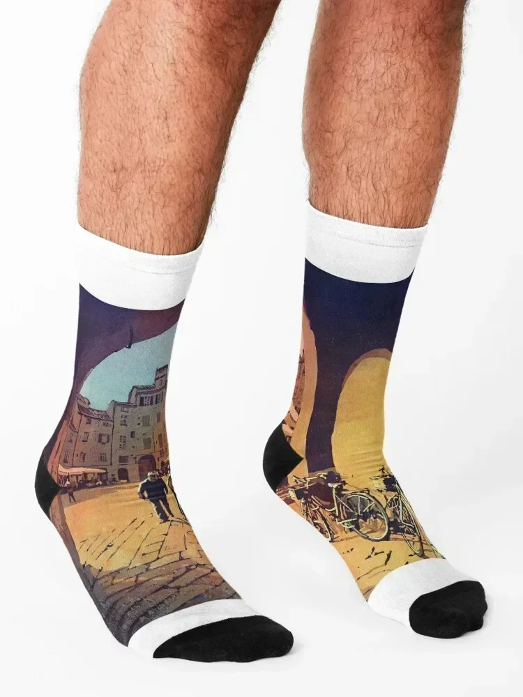 Watercolor painting of Lucca, Italy- people in the Anfiteatro central square. Painting Lucca Italy artwork Socks