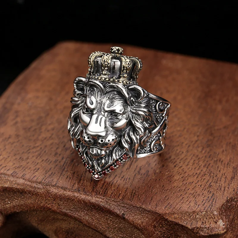 Wholesale S925 sterling silver ornament Thai silver elegant men's personalized Crown lion ring domineering open ring