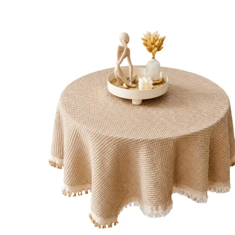 Waffle Weave Cotton Round Tablecloth Tassel Trim Washable Wrinkle Resistant Dining Kitchen Coffee Table Decor