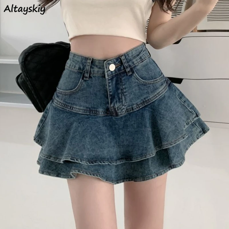 Ruffles Denim Skirts Women Summer Y2k Hot Girls Kawaii High Waist Faddish Vintage Streetwear Mini Skirt All-match Sexy Faldas