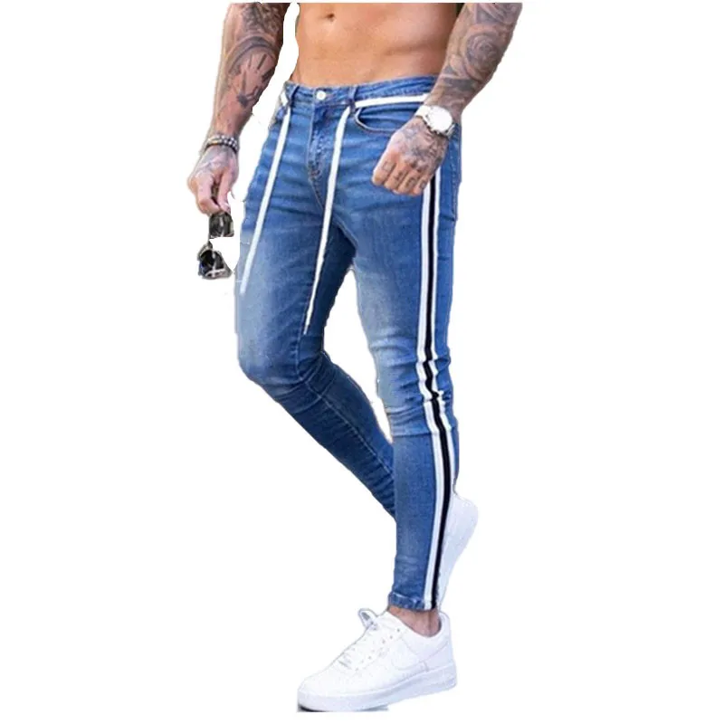 Men\'s Ripped White Jeans Casual Slim Denim Trousers Side-Stripe Skinny Pencil Pants Biker Stretch  Jeans Fashion Men Clothing