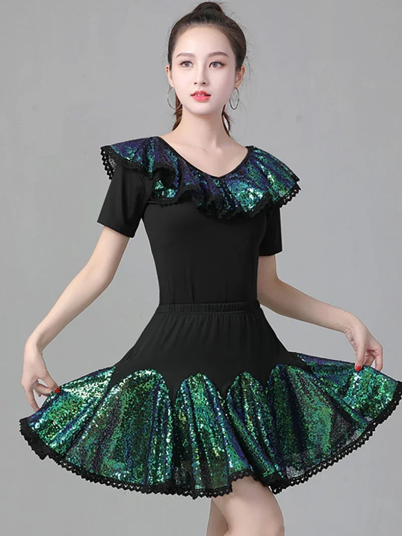 Adult Latin Dance Costume Glitter Sequin Embroidered Dance Skirt Pleated Skirts Modern Dance Dress for Women Ballroom Dancewear