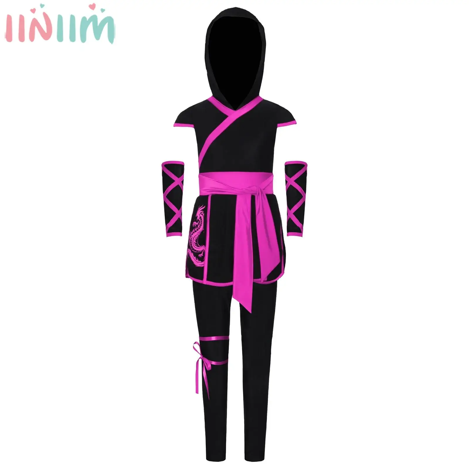 Kids Boy Girl Halloween Ninja Cosplay Costume Cap Sleeve Sash Hooded Top with Gloves Pants for Theme Party Carnival Performance