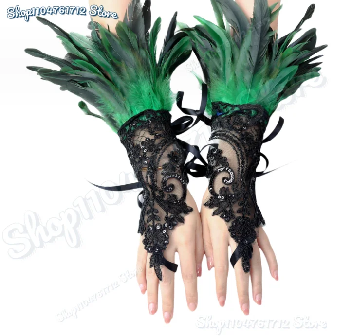 موضة ريشة كم الأصفاد قفازات حفلة تأثيري الدانتيل المعصم الأصفاد الفراء كم فروي اكسسوارات كرنفال عرض مسرحي زي
