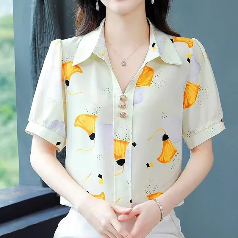 Odzież damska Polo Neck Printing Loose Blouse Summer New Short Sleeve Button All-match Temperament Shirt Tops Casual Vintage