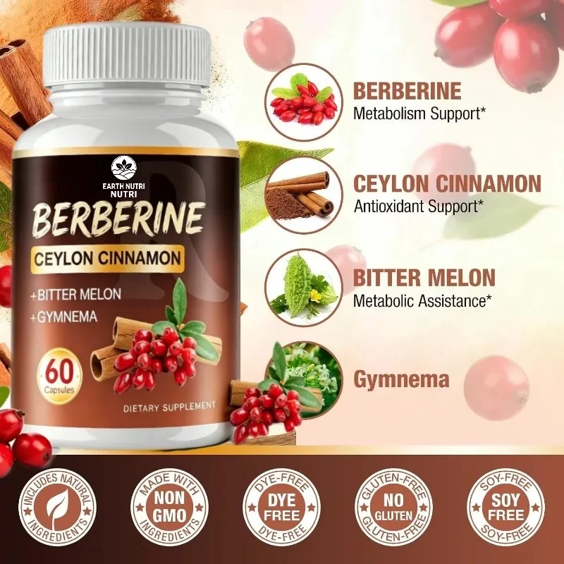 1500 Milligrams of Berberine Hydrochloride Contains Ceylon Cinnamon Bitter Melon Intestinal Health 60  Capsules