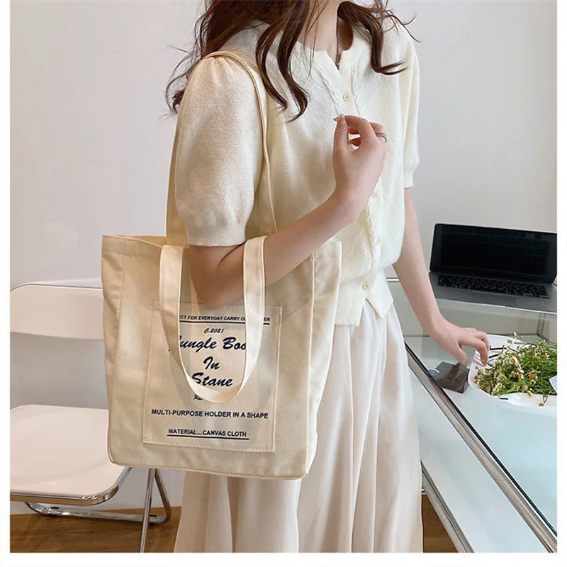 Women Canvas Shoulder Bag Jungle Book Printing Ladies Casual Handbag Tote Bag Large Capacity Cotton Reusable Shopping Beach Bag