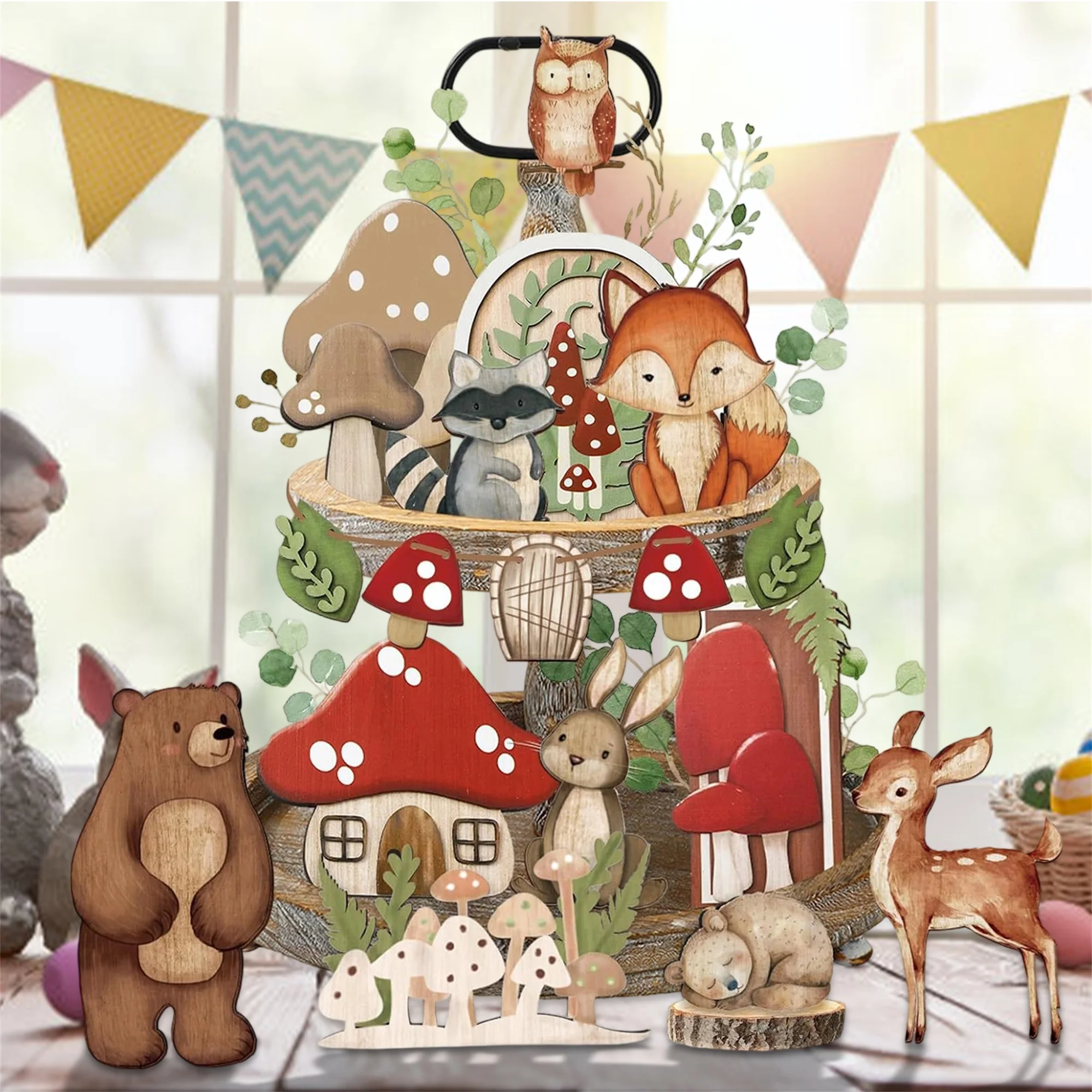 

Woodland Creatures Tiered Tray Decor Set 20Pcs Rustic Wooden Forest Animals and Trees Table Signs for Home Party Display