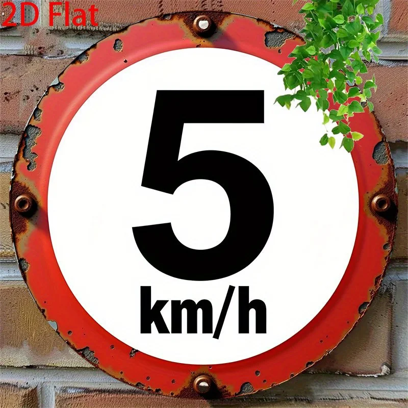 Vintage 5 km/h Speed Limit Metal Sign, Retro Round Red White Wall Decor for Garage Cafe Home, Lightweight Durable 2D Flat Plaque