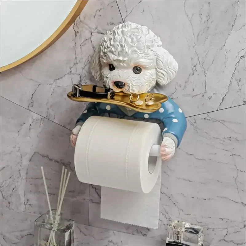 Cartoon Teddy Dog Toilet Paper Holder Punch Free Wall Mounted Toilet Tissue Roll Paper Storage Tray Rack Bathroom Decoration