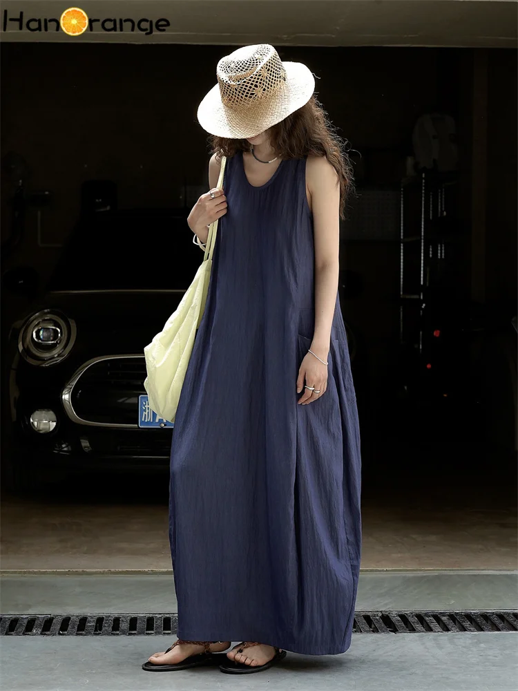

HanOrange 2025 Summer Retro Lyocell Imitate Denim Double Pockets Bud Dress Dry Breathable Tank Dress Light Khaki/Denim Blue