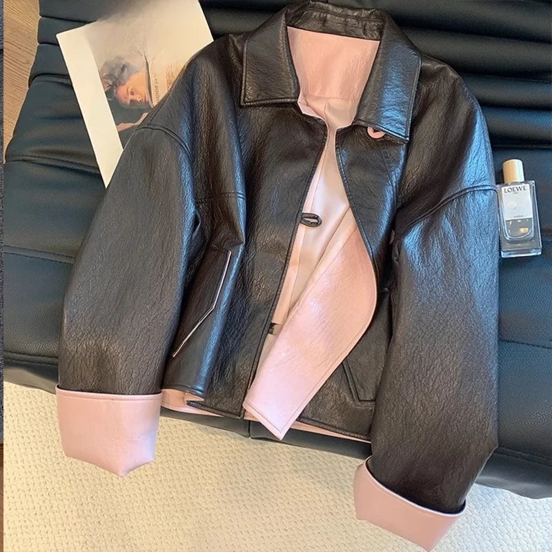 Jaqueta de Couro Retro com Design de Cores em Bloco para Mulheres, Estilo Casual Versátil, Alta Qualidade, Manga Longa