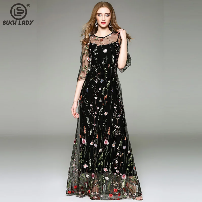 

Women's O Neck Long Sleeves Embroidery High Street Runway Maxi Fashion Long Dresses