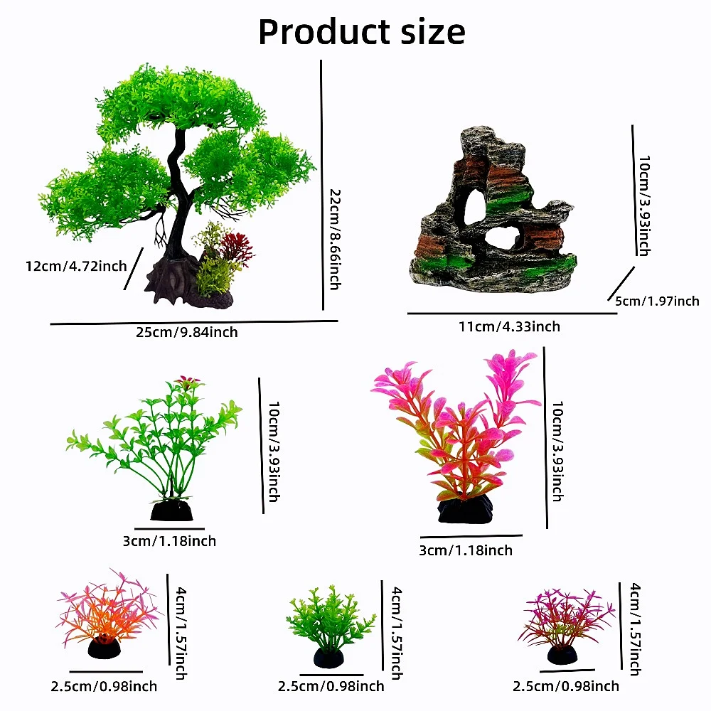 22PC set Aquarium Plants Ornaments Plastic Simulation Fish Tank Decoration Accessories-Simulation tree - rockery - grass fence