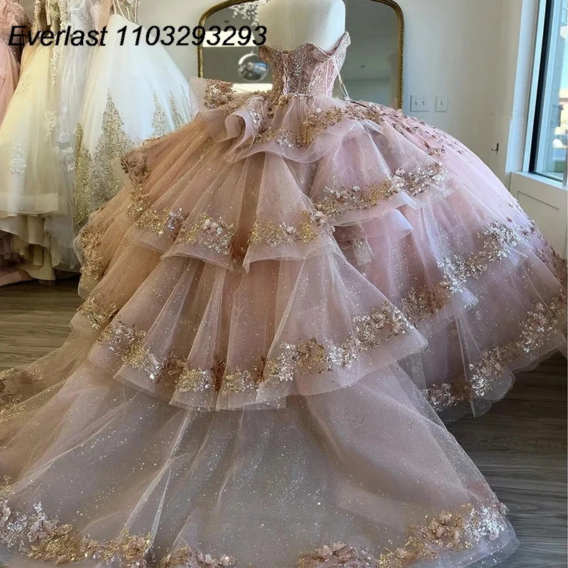 Блестящее розовое платье EVLAST для Quinceanera, бальное платье, Кружевная аппликация, блестки, бисер, кристаллы, милое Многоярусное платье 16, 15 лет TQD330