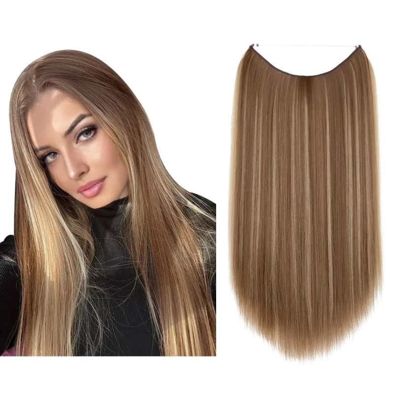 

Invisible Wire Hair Extensions Dark Brown Short Synthetic Hairpieces Straight Adjustable Headband for Women