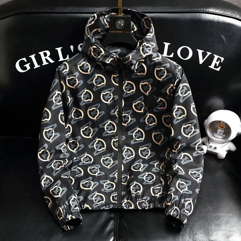 

Fashion Design Sense Printed Casual Large Size 6xl Outcoat Hooded Outwear Spring Autumn New Men's Thin Loose Sports Jacket Male