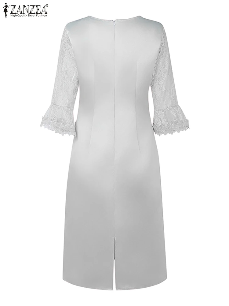 ZANZEA Elegant Women Office Lace Dress 2025 Summer Satin Knee-length Sundress Robe Casual 3/4 Sleeve Solid Party Vestidos Femme