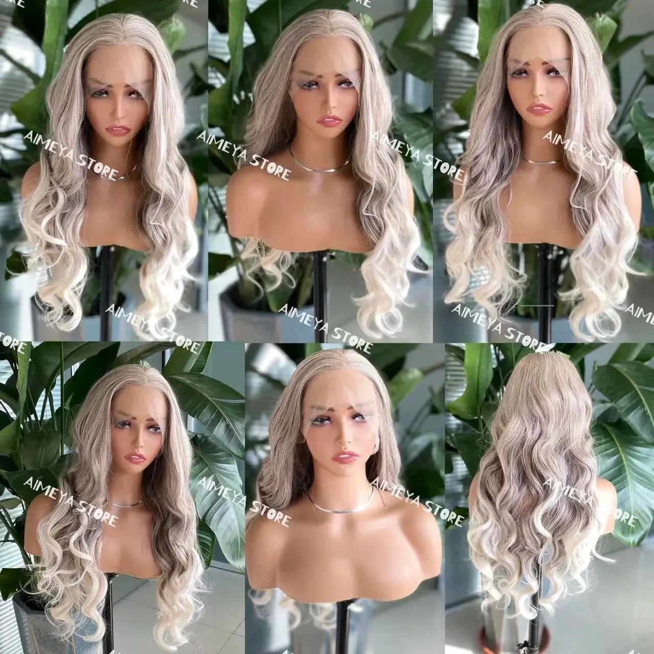 AIMEYA Ombre Platinum Body Wave Blonde Lace Wig Mix Blonde Lace Front Wigs Highlights Natural Looking Synthetic Heat Resistant