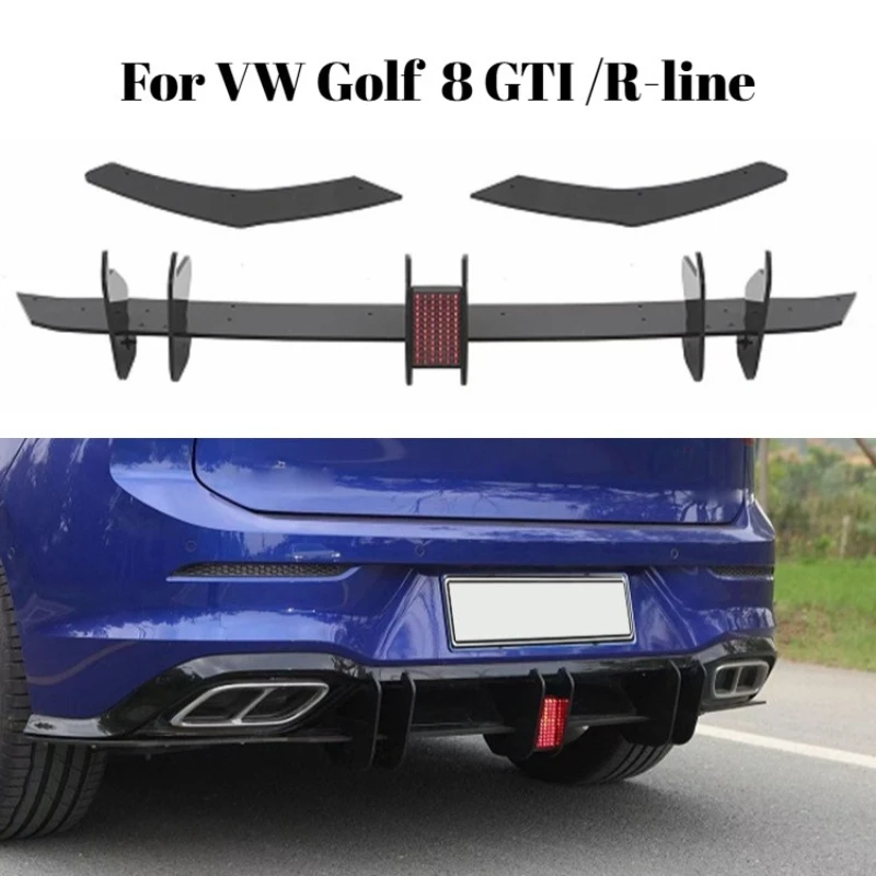 For Volkswagen Golf MK8 GTI/Rline/PRO 2020-2024 Blade Style Rear Bumper Lip Diffuser With LED Light Gloss Black Car Mod Splitter