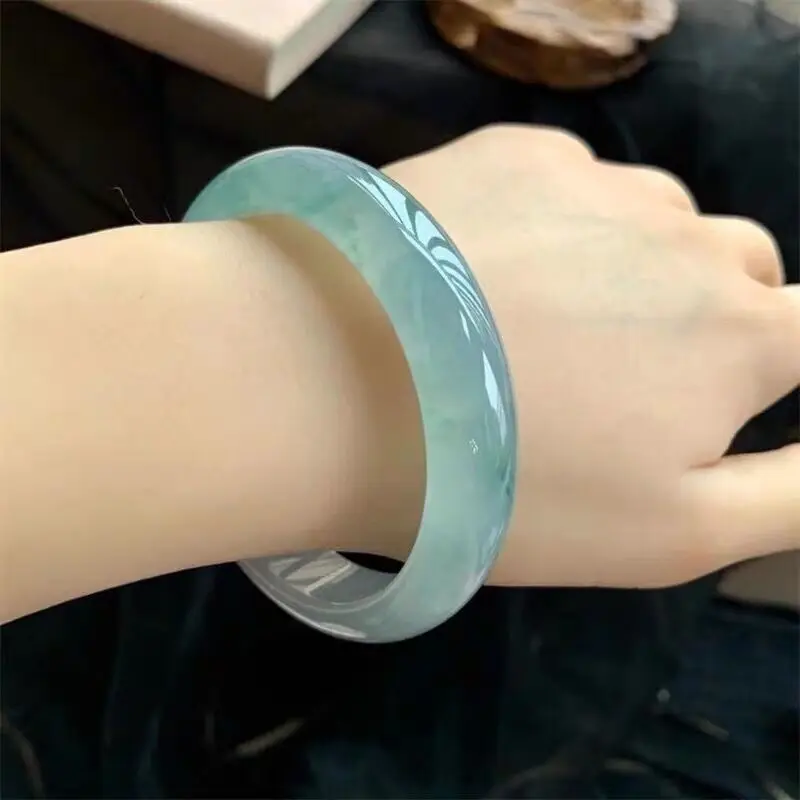 Ice jadeite with floral patterns for women, high translucency blue water noble , light green jade bracelet, cle