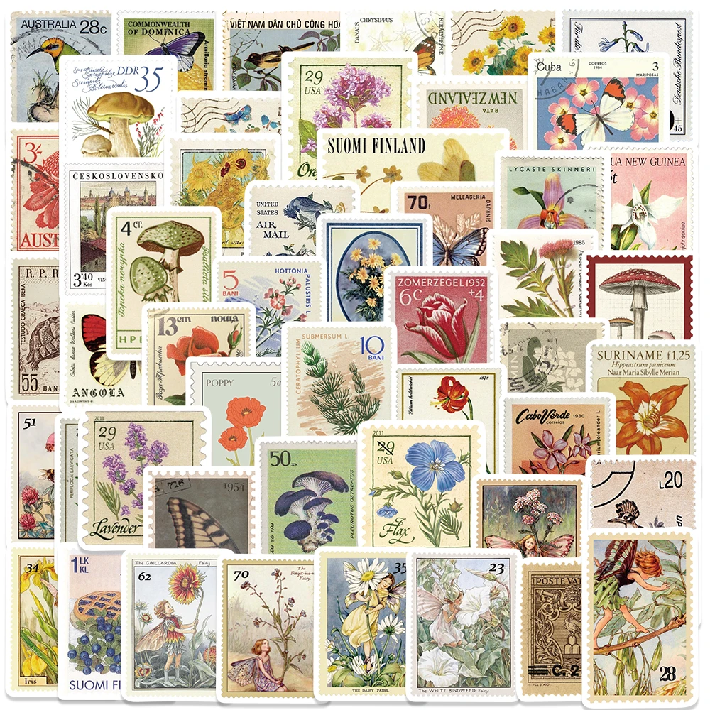 50PCS Vintage Stamp Flower Mushroom Butterfly Retro Sticker Aesthetic DIY Guitar Motorcycle Car Diary Laptop Luggage Toy Decals