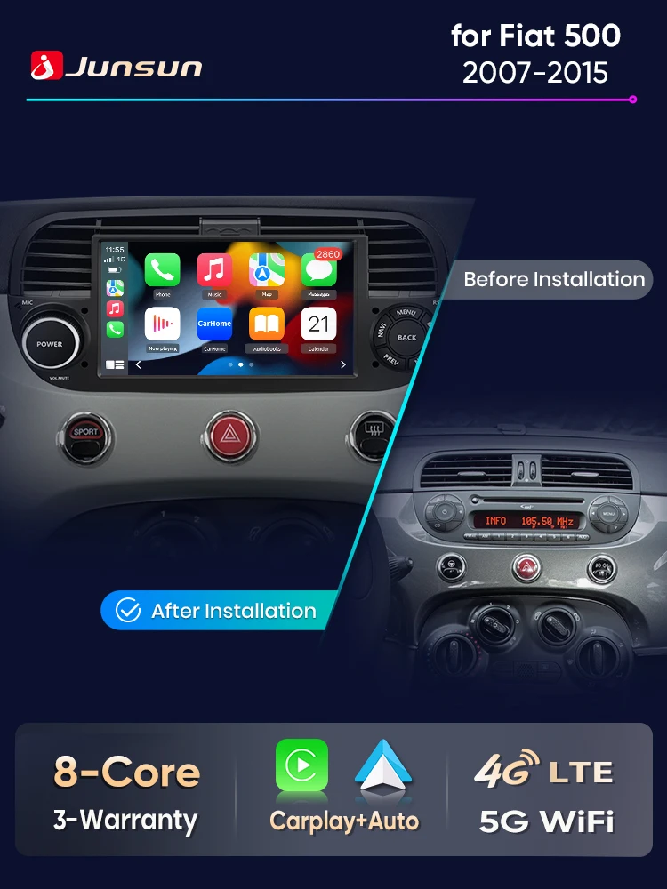 Junsun 7 inch draadloze CarPlay Android Auto autoradio voor Fiat 500 500C Abarth 2007-2015 Multimedia draadloze Apple CarPlay Smart Intelligent Systems IPS touchscreen stereo videospeler 2 Din - afbeelding 2