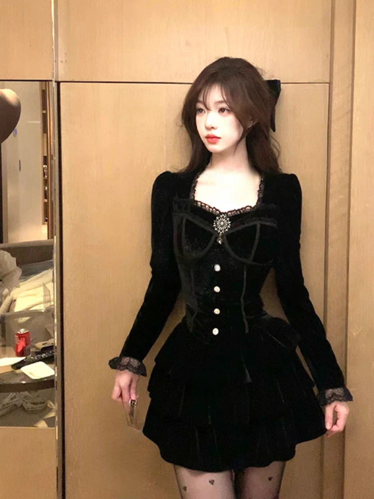 2024 Spring French Vintage Velvet Suit Woman Red Casual Blouse + Black Slim Y2k Mini Skirt Kawaii Korean Fashion Set Woman Chic