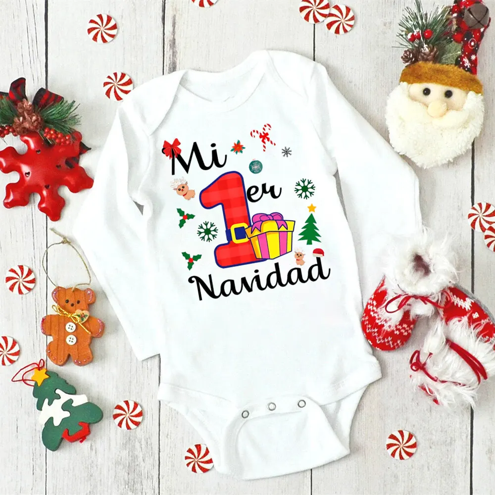 Mi 1ra Navidad Baby Bodysuit Infant 1st Christmas Rompers Party Outfit Newborn Jumpsuit Toddler Long Sleeve Xmas Clothes