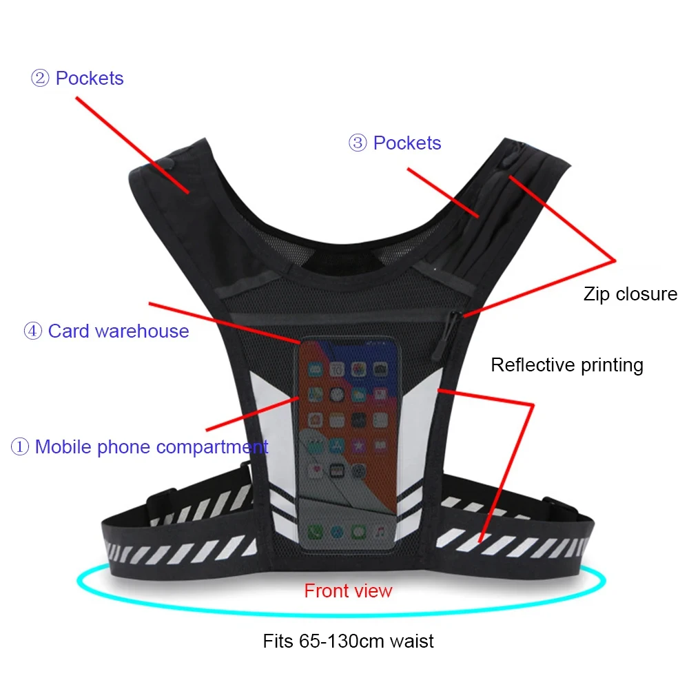 Reflektierende Laufweste mit Telefonhalter und Schlüsseltasche | Verstellbarer Riemen für Männer und Frauen, Nachtjoggen, Gehen, Fitnessstudio, Übungsausrüstung – Detail 3