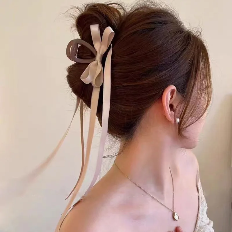 Elegant Women Bow Long Ribbon Hair Clip Y2K Style Sweet Back Head Shark Clip Ponytail Clip Hairpins Barrettes Hair Accessories