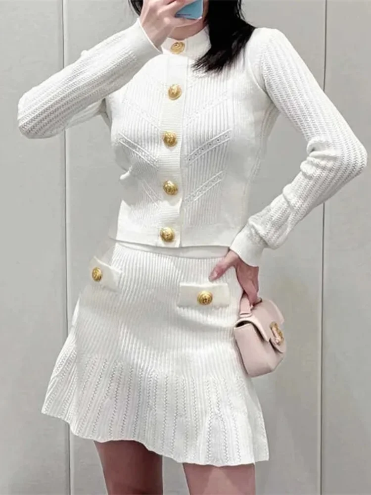 Small Fragrance Suit Autumn Knitted Cardigan Top High Waist Skirt 2 Piece Matching Outfit Elegant Lady Slim Dress Set Women