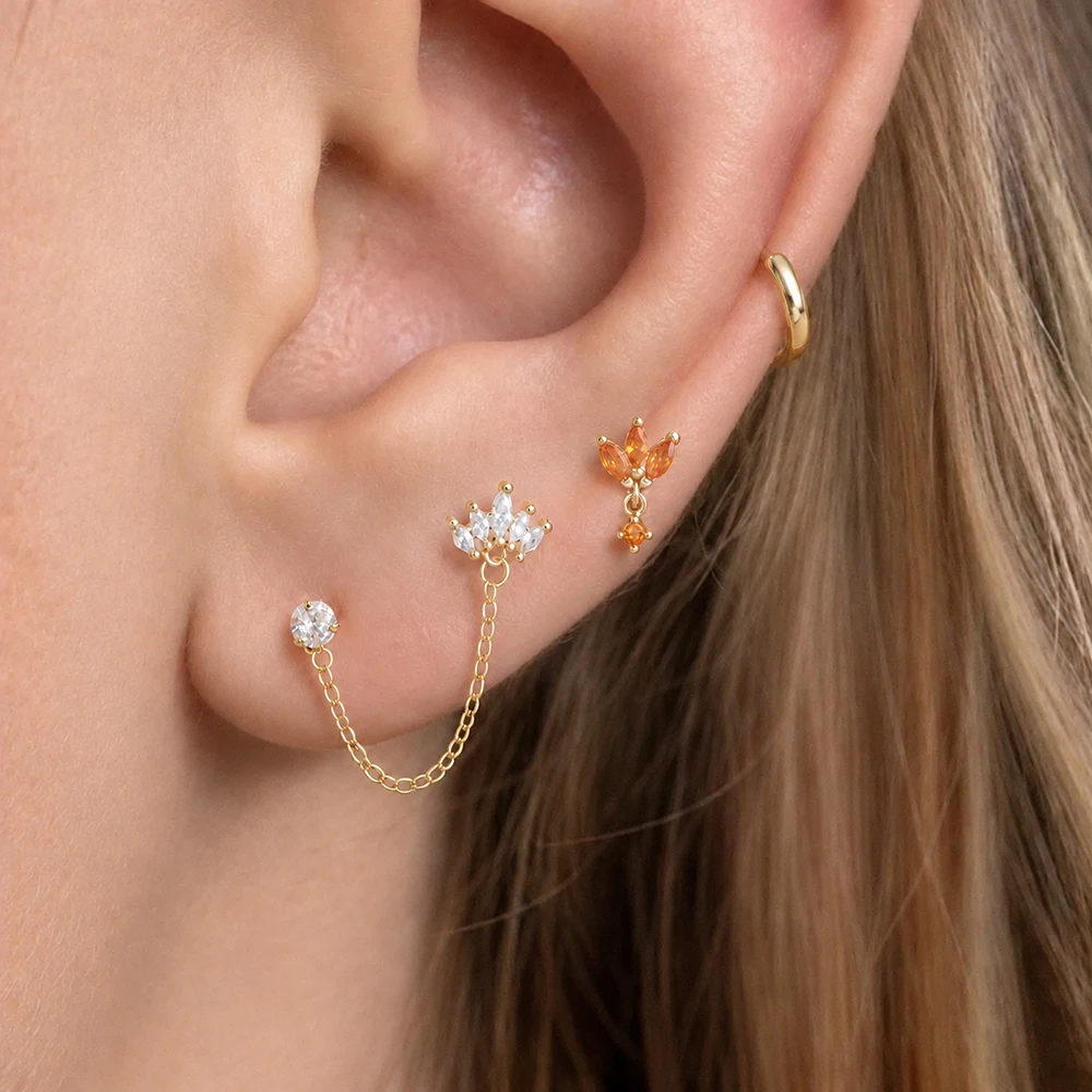 3 Pieces 24K Gold Plated Orange Red Green Crown Zircon Stud Earrings Set with Chain Tassel Eardrop for Women Piercing Jewelry