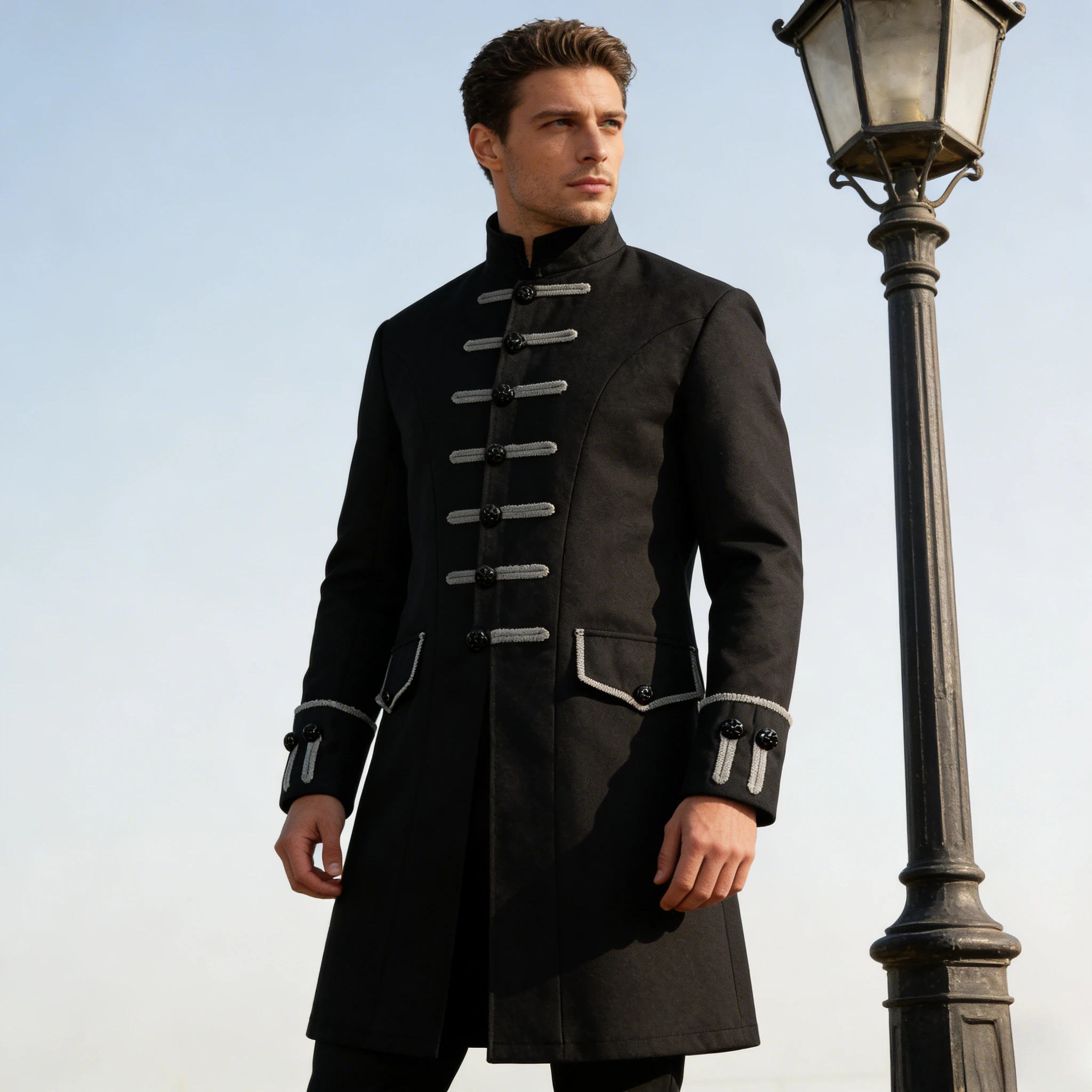 

Мужской средневековый тренчкот в европейско-американском стиле, однотонный, в стиле стимпанк, ретро, с воротником-стойкой, униформа для косплея и сценических выступлений