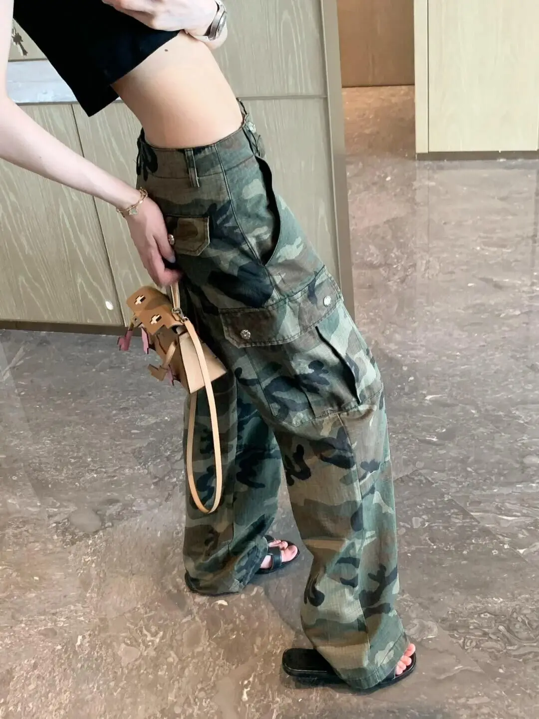 

Американские ретро-брюки из денима с камуфляжным принтом, с высокой талией, прямые, свободные, широкие, повседневные, длинные, женские