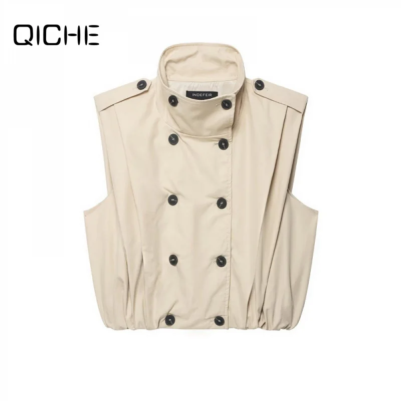 QICHE 2026 New Ladies Sleeveless Vest European Style Unique Pleated Detail Button‑Front Versatile Fashion Waistcoat