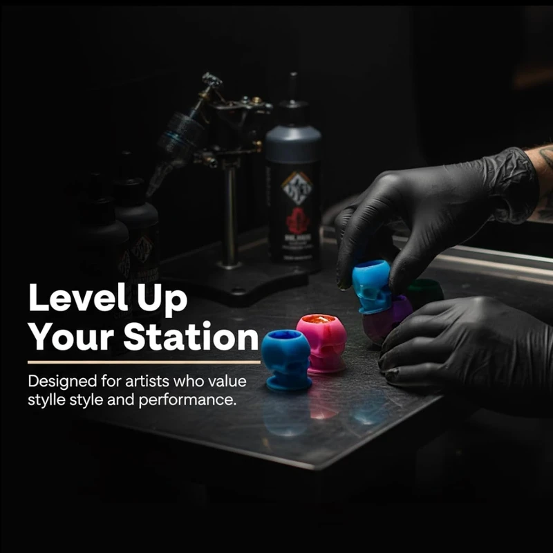 

Tattoo Ink Cups with Base - 200pc Skull Design Tattoo Ink Caps Self-Standing Containers for Ink & Permanent Makeup Reusable Set