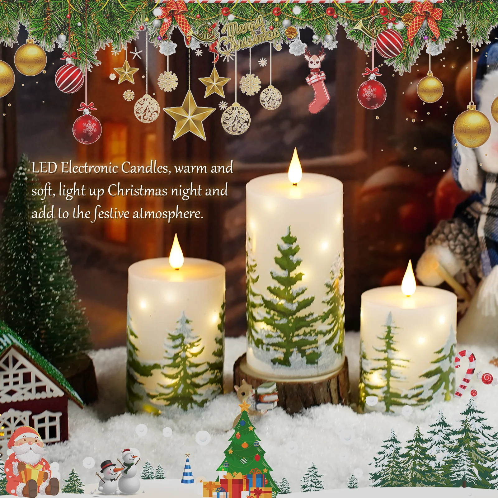 Paraffin Wax LED Flameless Candle Christmas Tree Print Built-in Fairy Light Battery Operated Holiday Decor Candle Christmas Gift