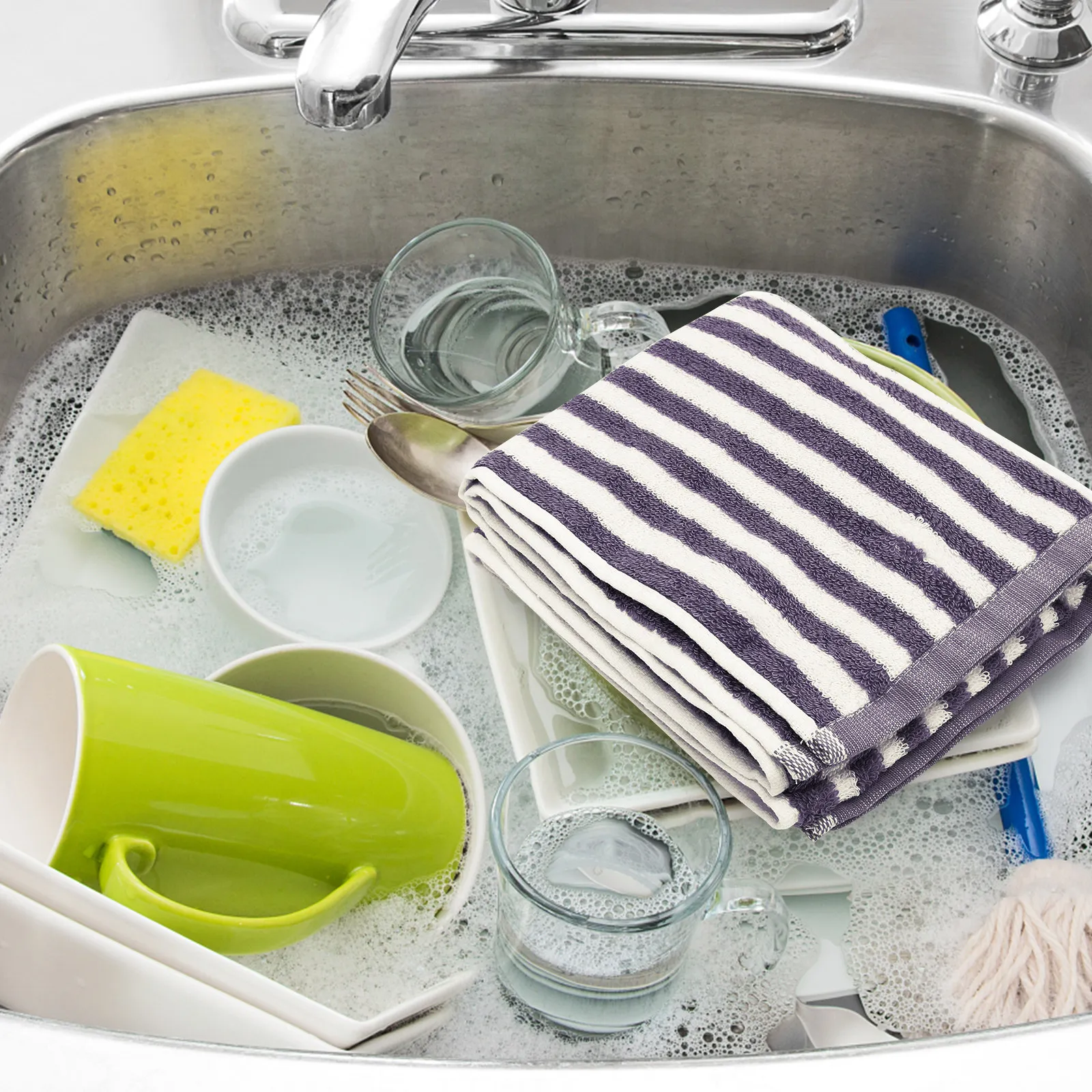Supple Comfortable Stripe Dish Towel Made of Premium Cotton Large Absorbent Kitchen Cleaning Rag for Tableware Dishwashing