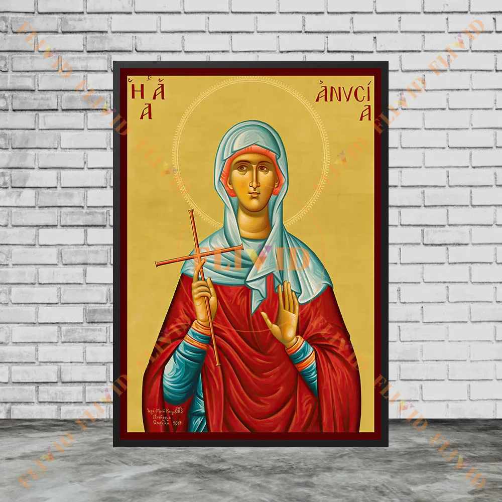 Byzantine Orthodox Saint Art Prints,Traditional Religious Icon Poster,Female Saint & Cross Canvas Wall Art Decor Unframed