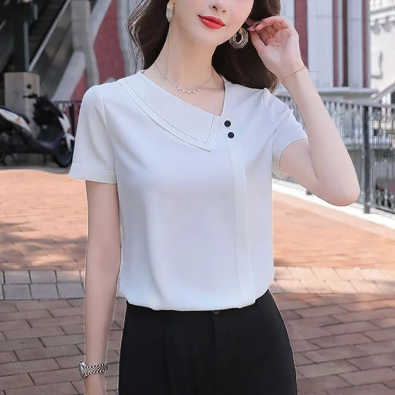 Women\'s Elegant Short Sleeve Shirts, Korean Fashion, Simplicity, Monochromatic, Office Clothes, All-match Loose Tops, Summer