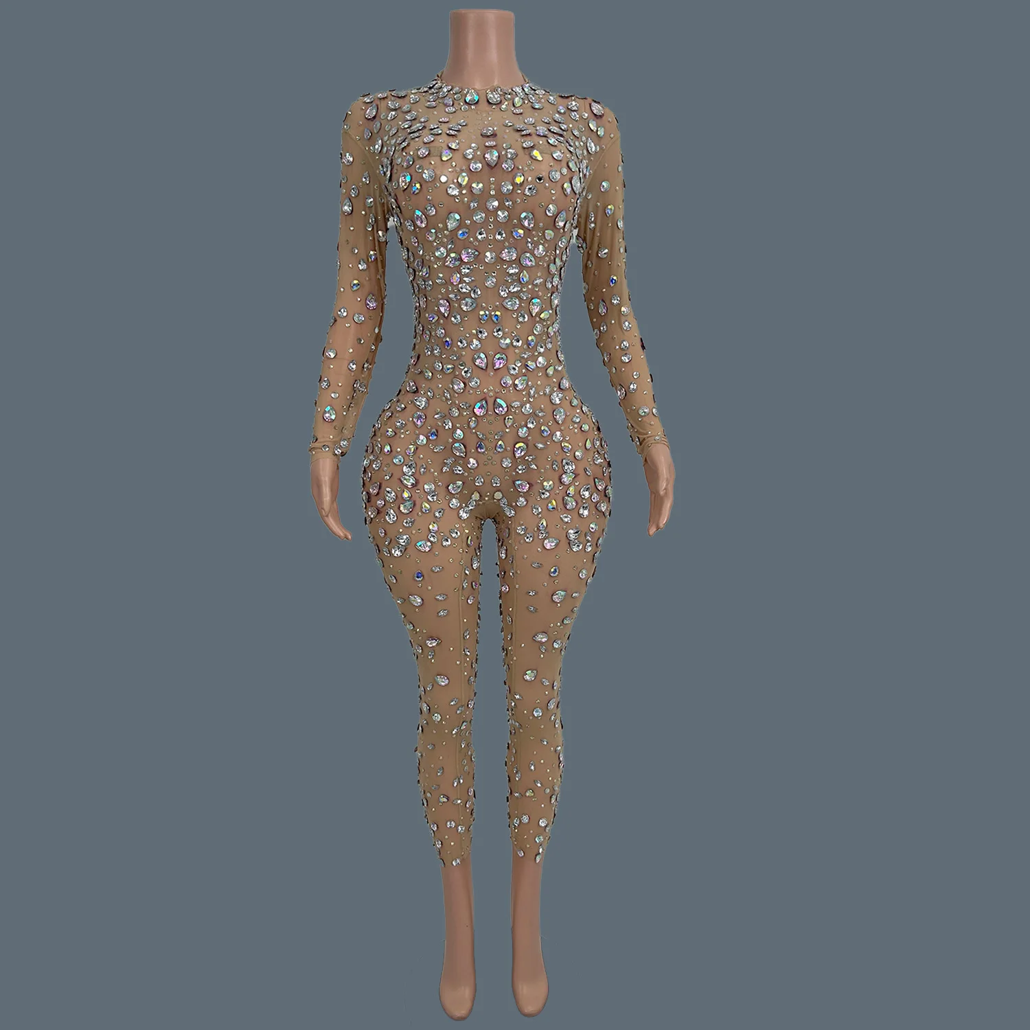 Luxury Iridescent Crystal Rhinestone Mesh Jumpsuit Sexy Women Long Sleeve Nightclub Party Stage Performance Sparkly Outfit Puer