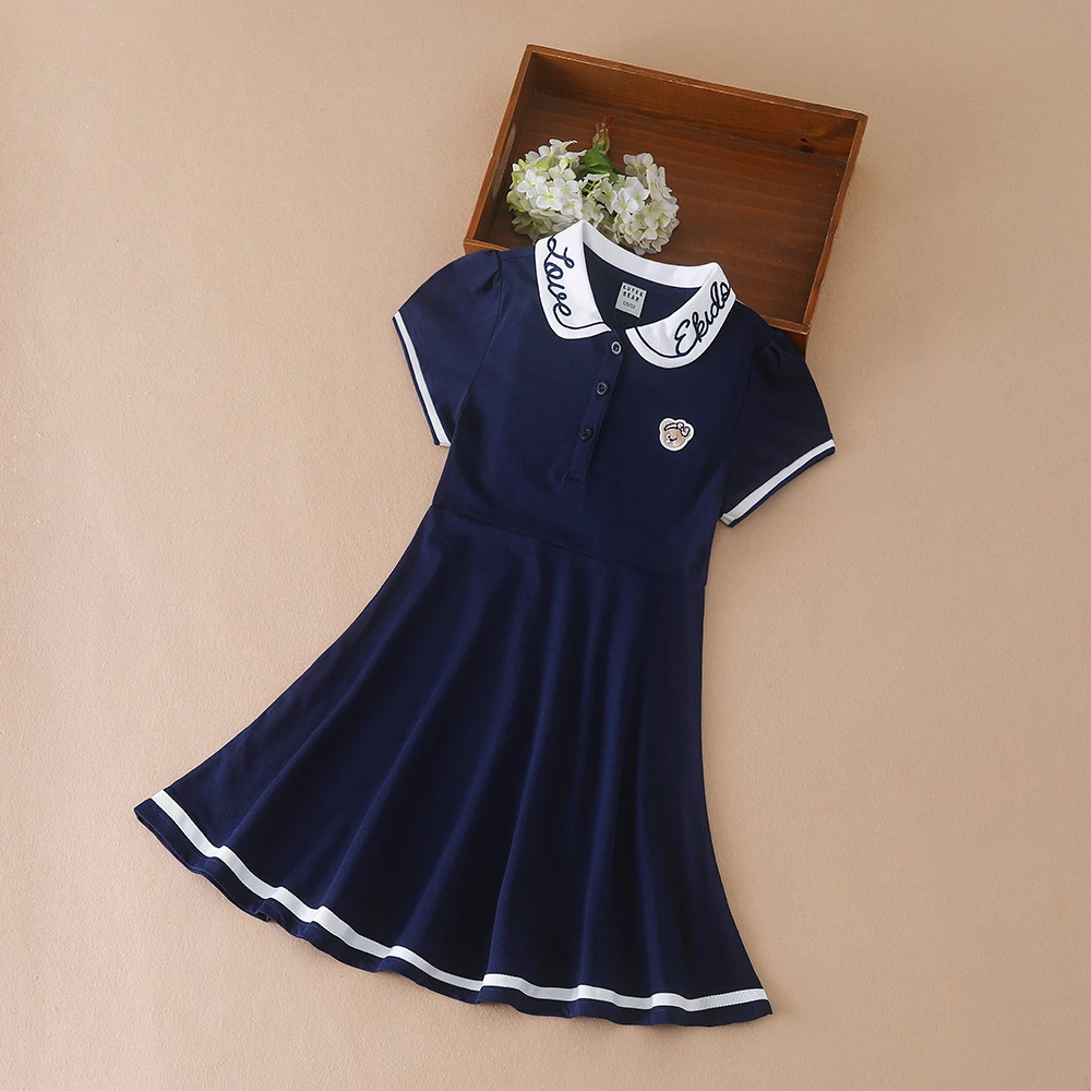 Girls Summer Dress 2024 Turn-Down Collar Clothes Children Preppy Style Embroidered School Sundress Kids 5-12 Years