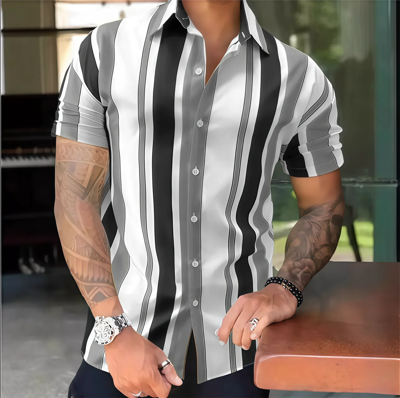 Men's shirts casual striped colorful print short-sleeved shirts lapel shirts fashionable and comfortable large size tops XS-5XL