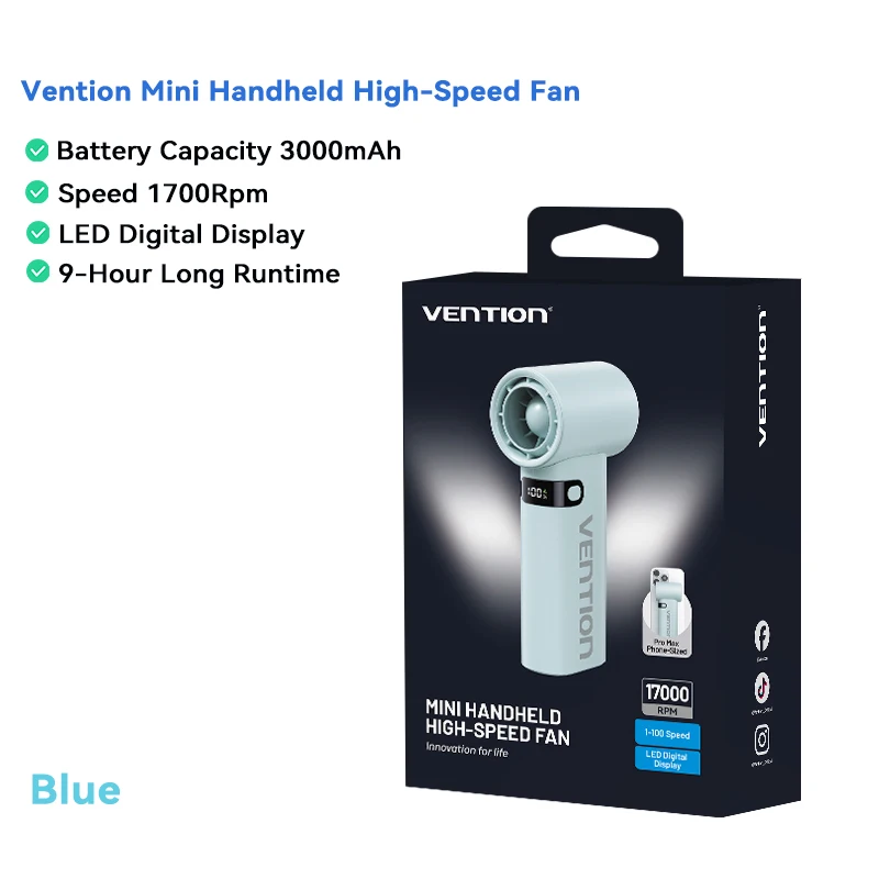 Vention Mini Draagbare Handventilator 100 Wind 1700 RPM Snelheid 3000 mAh Oplaadbare Led Digitale Display Camping Outdoor Handheld Fan