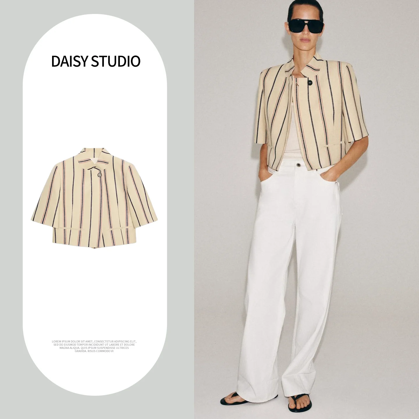 Summer New Arrival Women's Commuter Style Short Sleeve round Neck Color Block Striped Short Coat French Style Loose Fit Polye...